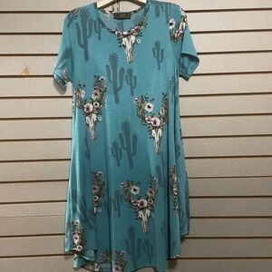 L & B Small Steer Skull Floral Cactus Dress Knee Length Western Boho